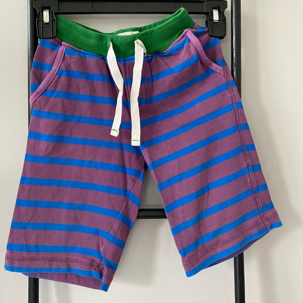 Purple and blue striped sweat shorts green waist